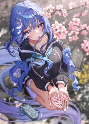  arcana_(fortune_mate)_(nikke) arcana_(nikke) black_serafuku black_skirt blue_eyes blunt_bangs blurry blush book branch breasts camera character_name cherry_blossoms commentary cupping_hands female flower flower_on_mouth from_above full_body gnxxe1 goddess_of_victory:_nikke gradient_neckerchief grey_eyes hair_ornament hair_over_shoulder highres holding holding_flower holding_petal kneehighs large_breasts loafers long_hair long_sleeves looking_at_viewer neckerchief open_book own_hands_together petals pink_petals pleated_skirt school_uniform seiza serafuku shoes sitting skirt socks solo thigh_strap wind 