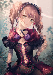 amy_sorel aqua_eyes artist_name black_dress black_gloves blurry blurry_background branch commentary_request commission contrapposto cowboy_shot dress drill_hair elbow_gloves expressionless female fishnet_gloves fishnets flower gloves gothic_lolita hair_ornament hairband hand_on_own_hip head_tilt highres lens_flare lolita_fashion lolita_hairband looking_at_viewer majamari navel outdoors photoshop_(medium) purple_flower purple_rose red_hair red_shawl revision rose shawl skeb_commission skull_hair_ornament solo soulcalibur soulcalibur_vi standing twin_drills 
