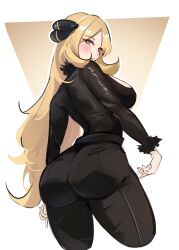  absurdres ass backboob black_pants black_shirt blonde_hair blush breasts commentary cowboy_shot cynthia_(pokemon) female from_behind highres large_breasts layton_(sanlayton) long_hair pants pokemon pokemon_diamond/pearl/platinum shirt solo white_background 