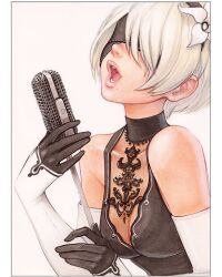  2b_(nier:automata) adapted_costume bare_shoulders black_dress black_gloves black_hairband blindfold border breasts commentary covered_eyes dress elbow_gloves english_commentary facing_ahead female flower gloves hair_flower hair_ornament hairband highres holding holding_microphone holding_microphone_stand lips medium_breasts microphone microphone_stand mole mole_under_mouth multicolored_gloves nier:automata nier_(series) omar_dogan open_mouth scan short_hair simple_background singing sleeveless sleeveless_dress solo traditional_media two-tone_gloves upper_body vintage_microphone white_background white_border white_flower white_gloves white_hair 