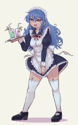  alternate_costume apron black_dress black_shoes blue_hair collarbone commentary cup dress dress_tug drinking_straw female frills full_body garter_straps hair_between_eyes highres hinanawi_tenshi holding holding_tray kaden_(muxt8423) long_hair long_sleeves maid maid_apron maid_day maid_headdress parted_lips red_eyes shoes solo standing sweatdrop thighhighs touhou tray white_thighhighs 