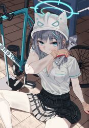  absurdres adjustable_wrench animal_ear_helmet animal_helmet bicycle black_skirt blue_archive blue_eyes blue_halo breasts brown_gloves cleavage collared_shirt commentary cross_hair_ornament dirty female gloves grey_hair hair_ornament halo helmet highres holding holding_wrench kirei0518 looking_at_viewer medium_breasts miniskirt on_floor pleated_skirt school_uniform shiroko_(blue_archive) shirt short_sleeves sitting skirt socks solo white_helmet white_shirt white_socks wrench 