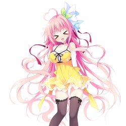  >_< :d ahoge arms_behind_back bare_shoulders black_bow black_choker black_thighhighs blush bow bow_legwear breasts choker closed_eyes collarbone dress feet_out_of_frame female frilled_thighhighs frills game_asset green_ribbons hair_ribbon haru_haru_(koikoko) heart heart_ahoge highres koi_suru_kokoro_to_mahou_no_kotoba large_breasts large_variant_set long_hair long_sleeves non-web_source nose_blush oerba_yun_fang pink_hair ribbon self-datamine shiromochi_sakura shirt short_dress simple_background single_hair_intake smile solo standing star_(symbol) thighhighs transparent_background variant_set white_shirt xd yellow_dress zettai_ryouiki 
