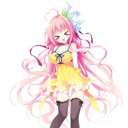  >_< :d ahoge arms_behind_back bare_shoulders black_bow black_choker black_thighhighs blush bow bow_legwear breasts choker closed_eyes collarbone dress feet_out_of_frame female frilled_thighhighs frills game_asset green_ribbons hair_ribbon haru_haru_(koikoko) heart heart_ahoge highres koi_suru_kokoro_to_mahou_no_kotoba large_breasts large_variant_set long_hair long_sleeves non-web_source oerba_yun_fang pink_hair ribbon self-datamine shiromochi_sakura shirt short_dress simple_background single_hair_intake smile solo standing star_(symbol) thighhighs transparent_background variant_set white_shirt xd yellow_dress zettai_ryouiki 