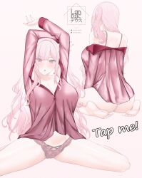  alternate_costume arms_up ass barefoot blunt_bangs blush bra breasts cleavage commentary english_commentary female highres hololive hololive_english kneeling lace lace_bra lace_panties landacdeus large_breasts lingerie long_hair looking_at_viewer mori_calliope multiple_views navel no_pants off_shoulder open_mouth pajamas panties partially_invisible pink_eyes pink_hair sidelocks simple_background sitting soles teeth textless_version thighs toes underwear upper_teeth_only very_long_hair virtual_youtuber wariza white_background 
