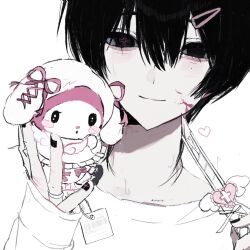  1boy black_eyes black_hair black_nails blood blood_on_face closed_mouth commentary_request cuts hair_between_eyes hair_ornament hairclip heart highres holding holding_scissors injury long_sleeves looking_at_viewer male_focus mole mole_under_eye mole_under_mouth my_melody_(series) original sanrio scissors self-harm shirt short_hair shuishuisama simple_background smile solo sweat white_background 