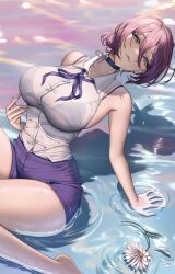  :3 absurdres arm_support black_bra black_choker blush bomb_devil_(chainsaw_man) bra breasts chainsaw_man choker closed_mouth commentary different_shadow female flower gnxxe1 green_eyes hair_between_eyes hair_bun head_tilt highres large_breasts long_hair_between_eyes looking_at_viewer partially_submerged petals purple_hair reze_(chainsaw_man) ribbon see-through_clothes shirt short_hair short_shorts shorts sidelocks single_side_bun sitting sleeveless sleeveless_shirt solo underwear wet wet_clothes wet_shirt wet_shorts white_petals 
