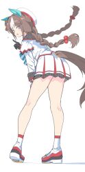  absurdres animal_ears archives.gokulism beret blush bow braid breasts brown_hair commentary ear_covers female from_side gloves hat highres hokko_tarumae_(star_light_ship)_(umamusume) hokko_tarumae_(umamusume) horse_ears horse_girl horse_tail jacket long_braid long_hair looking_at_viewer multicolored_hair open_mouth plaid_clothes plaid_sailor_collar purple_eyes sailor_collar shoes simple_background skirt socks solo striped_bow striped_hair sweat tail twin_braids umamusume white_background white_gloves white_hair white_hat white_jacket white_skirt white_socks 