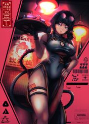  absurdres animal_ear_piercing animal_ears black_dress black_gloves black_hair blue_eyes breasts chihiro_haze china_dress chinese_clothes cleavage_cutout closed_mouth clothing_cutout commentary cosplay covered_navel cowboy_shot dress eyewear_on_head female fingerless_gloves gloves gradient-tinted_eyewear hand_on_own_hip highres holding holding_tray jane_doe_(zenless_zone_zero) lamp large_breasts long_hair looking_at_viewer mouse_ears mouse_girl mouse_tail notched_ear red_nails round_eyewear single_fingerless_glove single_glove solo sunglasses sweety_(zenless_zone_zero) sweety_(zenless_zone_zero)_(cosplay) tail teapot tinted_eyewear tray underboob_cutout zenless_zone_zero 