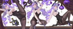  absurdres ahoge animal_ears aniol_art arm_up bangboo_(zenless_zone_zero) bare_shoulders black_leotard black_pantyhose blush bow bowtie breasts character_name cleavage commentary detached_collar drill_hair fake_animal_ears fake_tail female flower highres knee_up large_breasts leg_up leotard long_hair looking_at_viewer mole mole_under_eye multicolored_hair open_mouth pantyhose playboy_bunny pointy_ears purple_flower purple_hair rabbit_ears rabbit_tail red_eyes robin_(zenless_zone_zero) sitting solo star_(symbol) strapless strapless_leotard streaked_hair tail tree vivian_banshee white_wrist_cuffs wrist_cuffs zenless_zone_zero 