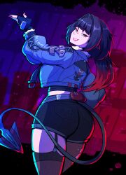  absurdres animal_ears ass ass_focus black_gloves black_hair black_shorts bluishfeel commentary english_commentary female fingerless_gloves from_behind fur-trimmed_jacket fur_trim garter_straps gloves green_eyes green_jacket hair_intakes hand_up high-waist_shorts highres jacket jane_doe_(zenless_zone_zero) lips long_hair looking_at_viewer looking_back mouse_ears mouse_girl mouse_tail pantyhose red_nails sharp_tail short_shorts shorts single_garter_strap single_leg_pantyhose single_thighhigh smile solo tail thighhighs thighs torn_clothes torn_pantyhose torn_thighhighs zenless_zone_zero 