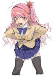  acminaasonde angry antenna_hair black_thighhighs blazer blush bow bowtie breasts brown_jacket chaos;head collared_shirt commentary_request dress_shirt female hands_on_own_hips highres jacket leaning_forward long_hair looking_at_viewer lower_teeth_only miniskirt one_side_up open_mouth petticoat plaid_bow plaid_bowtie plaid_clothes plaid_skirt pleated_skirt red_eyes sakihata_rimi school_uniform science_adventure shirt simple_background skirt small_breasts solo suimei_academy_school_uniform teeth thighhighs tongue white_background white_shirt winter_uniform zettai_ryouiki 