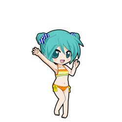 :d aqua_eyes aqua_hair arm_up barefoot bikini black_outline blue_bow blush bow chibi chibi_only double_bun female full_body game_asset hair_between_eyes hair_bun hairbow hand_up hatsune_miku hatsune_miku_graphy_collection looking_at_viewer navel open_mouth orange_bikini outline side-tie_bikini_bottom smile solo standing stomach striped_bikini striped_bow striped_clothes swimsuit transparent_background vocaloid yellow_bikini 