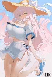  absurdres alternate_costume blue_archive bow breasts cleavage female green_eyes hair_between_eyes hanako_(blue_archive) hat helic_(7317helic) highres large_breasts long_hair looking_at_viewer open_mouth pink_hair sandals skirt solo straw_hat swimsuit white_bow white_skirt 