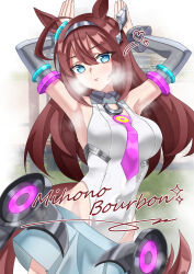  ahoge animal_ears armpits arms_up bare_shoulders blue_eyes blush breasts brown_hair character_name closed_mouth covered_navel detached_sleeves female grey_hairband grey_leotard grey_skirt grey_sleeves hair_between_eyes hairband highleg highleg_leotard highres horse_ears horse_girl horse_tail jimi_paradise large_breasts leotard long_hair looking_at_viewer lowleg lowleg_skirt mihono_bourbon_(mb-19890425)_(umamusume) mihono_bourbon_(umamusume) necktie pink_necktie silver_hairband skirt solo steaming_body sweat tail umamusume white_leotard 