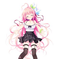  ahoge bare_shoulders black_skirt black_thighhighs blush breasts cleavage closed_eyes closed_mouth collarbone feet_out_of_frame female game_asset garter_straps green_ribbons green_scrunchie hair_ribbon haru_haru_(koikoko) heart heart_ahoge highres koi_suru_kokoro_to_mahou_no_kotoba large_breasts large_variant_set long_hair miniskirt non-web_source nose_blush off-shoulder_shirt off_shoulder outstretched_arms pink_hair plaid_clothes plaid_skirt ribbon scrunchie self-datamine shiromochi_sakura shirt simple_background single_hair_intake skirt smile solo standing star_(symbol) thigh_strap thighhighs transparent_background variant_set white_shirt wrist_scrunchie 