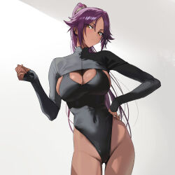  black_leotard black_shrug bleach breasts chinese_commentary commentary_request covered_navel dark-skinned_female dark_skin female high_ponytail highres large_breasts leotard long_hair looking_at_viewer parted_bangs ponytail purple_hair shihouin_yoruichi shiliu_xian_xian_xian shrug_(clothing) solo toned toned_female yellow_eyes 