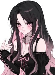  bare_shoulders black_dress black_hair breasts butterfly_tattoo choker cleavage closed_mouth collarbone commentary_request commission cross-laced_clothes cross-laced_dress cross-laced_sleeves curtained_hair ddsurl dress eyelashes eyes_visible_through_hair female frilled_sleeves frills gradient_hair hand_up highres juliet_sleeves korean_commentary lace-trimmed_dress lace_trim long_hair long_sidelocks long_sleeves medium_breasts multicolored_hair neck_tattoo off-shoulder_dress off_shoulder original pink_eyes puffy_sleeves ribbon_choker sidelocks simple_background solo tattoo upper_body white_background 