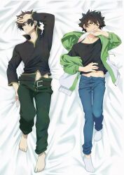  2boys ankle_socks arm_up barefoot belt black_belt black_hair black_shirt blue_pants collared_shirt commentary_request covering_own_mouth dakimakura_(medium) denim earrings english_commentary feathers full_body green_eyes green_jacket grey_pants groin hajimetenoniji hand_on_own_head high_collar highres holding holding_feather hood hooded_jacket iwatani_naofumi jacket jeans jewelry legendary_shield_(tate_no_yuusha_no_nariagari) long_sleeves looking_at_viewer lying male_focus messy_hair midriff midriff_peek mixed-language_commentary multicolored_jacket multiple_boys on_back open_belt open_clothes open_jacket pants parted_lips shield_earrings shirt socks tate_no_yuusha_no_nariagari two-tone_jacket white_jacket white_socks 