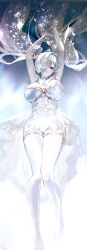  absurdres alternate_costume arms_up bow breasts bright_pupils cinderella_(nikke) commentary_request crown dress female goddess_of_victory:_nikke grey_hair hair_over_one_eye highres kamo_(pixiv_14204392) large_breasts long_hair looking_at_viewer one_eye_covered red_eyes revision ringed_eyes silver_dress solo thick_thighs thighhighs thighs twintails very_long_hair white_pupils white_thighhighs 