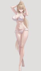  absurdres azur_lane bikini blush breasts cleavage commentary_request crossed_legs female grin hair_between_eyes hands_in_own_hair high_ponytail highres large_breasts lion_(azur_lane) lion_(the_reclining_dandelion)_(azur_lane) lom_(lom_lom_8) long_hair looking_at_viewer navel official_alternate_costume one_eye_closed ponytail sidelocks smile standing swimsuit white_bikini yellow_eyes 