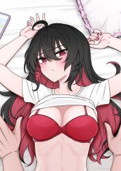  1boy absurdres bikeibikei black_hair blush bra breasts cleavage clothes_lift colored_inner_hair commentary_request female highres honkai_(series) honkai_impact_3rd korean_commentary large_breasts long_hair looking_at_viewer lying midriff multicolored_hair on_back pov red_bra red_eyes red_hair seele_(alter_ego) seele_vollerei seele_vollerei_(starchasm_nyx) shirt shirt_lift straight two-tone_hair underwear very_long_hair white_shirt 