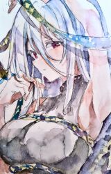  absurdres arm_up armpits black_dress breasts commentary_request dress female grey_hair hair_between_eyes highres kamu_kotan large_breasts long_hair long_hair_between_eyes looking_at_viewer red_eyes ribbon_around_body sleeveless sleeveless_dress solo touhou traditional_media turtleneck turtleneck_dress upper_body yuiman_asama 