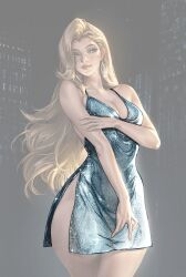  absurdres aylisnyan blonde_hair blue_eyes breasts city city_lights cityscape cleavage commentary cowboy_shot crescent crescent_facial_mark crossed_legs dagger_(marvel) dress earrings english_commentary facial_mark female hand_on_own_arm highres jewelry long_hair looking_to_the_side marvel marvel_rivals medium_breasts narrow_waist night outdoors short_dress side_slit spaghetti_strap standing thick_thighs thighs very_long_hair wide_hips 
