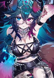  animal_collar animal_ears aqua_hair arm_tattoo aruna_reaver belt black_belt black_hair black_horns black_nails black_panties black_skirt blue_eyes blue_fire breasts chains character_name cleavage collar colored_extremities commentary commission dog_ears drawinggranny earrings ears_down english_commentary eyelashes face_piercing female fiery_tail fingernails fire glasses head_wings heterochromia highres horns indie_virtual_youtuber jewelry leg_tattoo lip_piercing long_hair miniskirt multicolored_hair nail_polish navel necklace panties piercing pink_eyes pink_hair pointy_ears semi-rimless_eyewear sharp_fingernails skirt solo spikes tail tattoo toenail_polish toenails underwear virtual_youtuber wings 