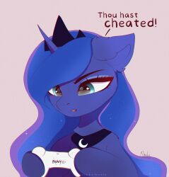  1_horn 2025 black_tiara blue_eyes blue_hair cel_shading controller crown dialogue digital_drawing_(artwork) digital_media_(artwork) english_text equid equine eyelashes female female_feral feral friendship_is_magic game_controller hair hasbro headgear hi_res holding_controller holding_object horn mammal monotone_background my_little_pony mythological_creature mythological_equine mythology nnalyart open_mouth parody pink_background princess_luna_(mlp) purple_body purple_horn serious shaded signature simple_background solo sony_corporation spiral_horn text tiara unicorn 