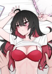  1boy absurdres bikeibikei black_hair blush bra breasts cleavage clothes_lift colored_inner_hair commentary_request female highres honkai_(series) honkai_impact_3rd korean_commentary large_breasts long_hair looking_to_the_side lying midriff multicolored_hair on_back pov red_bra red_eyes red_hair seele_(alter_ego) seele_vollerei seele_vollerei_(starchasm_nyx) shirt shirt_lift straight two-tone_hair underwear very_long_hair white_shirt 