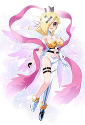  angel angewomon angewomon_(cosplay) bare_shoulders blonde_hair blue_eyes bodysuit breasts cleavage clothing_cutout commentary_request cosplay crown digimon eyelashes feathered_wings female full_body gerusyu hair_over_one_eye highres large_breasts mario_(series) mini_crown multiple_wings navel pink_ribbon ribbon rosalina single_leg_bodysuit solo star_(symbol) stomach_cutout strapless_bottom white_background white_bodysuit white_wings wings 