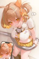  2bmm2 absurdres ahoge anis_(nikke) anis_(star)_(t.t._star)_(nikke) bead_bracelet beads bow bracelet breasts brown_eyes brown_eyeshadow cellphone commentary cropped_shirt facial_mark female foot_out_of_frame from_above goddess_of_victory:_nikke hair_between_eyes hairbow highres jewelry large_breasts looking_at_viewer midriff miniskirt multiple_bracelets multiple_rings navel necktie official_alternate_costume one_side_up parted_lips phone plaid_clothes plaid_necktie pleated_skirt ring shirt shoes short_sleeves sidelocks skirt smartphone solo spoken_sweatdrop standing star-shaped_pupils star_(symbol) star_facial_mark star_in_eye star_ring stuck sweatdrop symbol-shaped_pupils symbol_in_eye taking_picture untranslatable_commentary white_shirt white_shoes yellow_skirt 