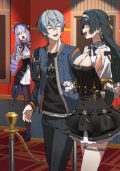  1boy 2girls astra_yao astra_yao_(chandelier) black_dress black_hair black_jacket breasts closed_eyes commentary_request dress earrings grey_hair highres jacket jewelry large_breasts long_hair movie_theater multiple_girls nao_(naoooo_a) official_alternate_costume open_clothes open_jacket open_mouth pointy_ears purple_hair short_hair vivian_banshee wise_(zenless_zone_zero) zenless_zone_zero 