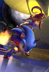  1boy absurdres animal_nose arabian_clothes bare_shoulders blue_fur dark-skinned_female dark_skin earrings female furry furry_male hedgehog_boy highres jewelry looking_at_viewer pink_hair pointy_ears sammytighe shahra sonic_(series) sonic_and_the_secret_rings sonic_the_hedgehog 