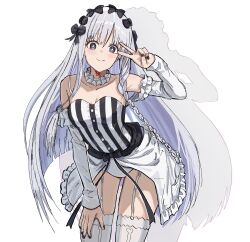  black_bow black_eyes black_nails bow braid breasts bright_pupils closed_mouth collarbone command_spell commentary cowboy_shot fate/strange_fake fate_(series) female francesca_prelati_(fate) frilled_sleeves frills garter_straps hairbow hand_on_own_thigh highres leotard light_blush light_smile long_hair looking_at_viewer medium_breasts nail_polish puteme shadow showgirl_skirt side_braid simple_background single_braid skirt solo strapless strapless_leotard striped_clothes striped_leotard thighhighs v v_over_eye vertical-striped_clothes vertical-striped_leotard very_long_hair white_background white_hair white_skirt white_thighhighs 