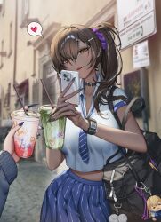  2girls absurdres bag black_choker black_hair black_nails blue_eyes blue_nails blue_necktie blush breasts brown_eyes cellphone character_charm character_name charm_(object) choker commentary cup dark-skinned_female dark_skin diagonal-striped_clothes diagonal-striped_neckerchief drinking_straw ear_piercing english_commentary eyes_visible_through_hair female_pov fingernails gnxxe1 goddess_of_victory:_nikke hair_ornament hair_over_one_eye hairclip head_tilt heart highres holding holding_cup holding_phone large_breasts long_fingernails long_hair long_sleeves looking_at_phone looking_at_viewer loose_necktie midriff_peek mole mole_under_mouth multiple_girls naga_(nikke) neckerchief necktie one_eye_covered outdoors parted_lips phone piercing pov pov_hands road_sign school_bag sharp_fingernails shirt short_sleeves side_ponytail sign skirt smartphone solo speech_bubble spoken_heart standing striped_clothes striped_neckerchief striped_skirt tia_(nikke) white_shirt 