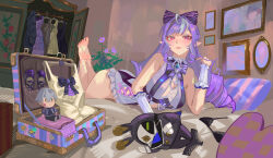  1boy absurdres aniol_art bare_shoulders barefoot bed blush bow bowtie breasts clothing_cutout drill_hair feet female frilled_one-piece_swimsuit frilled_wrist_cuffs frills grey_hair hairbow heart heart_cutout highres indoors long_hair looking_at_viewer lying mole mole_under_eye multicolored_hair official_alternate_costume on_bed on_stomach one-piece_swimsuit pillow pointy_ears purple_bow purple_bowtie purple_hair red_eyes robin_(zenless_zone_zero) stomach_cutout swimsuit two-tone_one-piece_swimsuit unworn_clothes vivian_banshee vivian_banshee_(iris_of_the_shore) white_one-piece_swimsuit wise_(zenless_zone_zero) wrist_cuffs zenless_zone_zero 