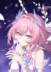  bare_shoulders breasts commentary cyrene_(demiurge)_(honkai:_star_rail) cyrene_(honkai:_star_rail) diamond-shaped_pupils diamond_(shape) female flower hair_flower hair_ornament halo highres honkai:_star_rail honkai_(series) kaw_karpuk long_hair looking_at_viewer medium_breasts multicolored_hair pink_hair pointy_ears purple_eyes sky smile solo star_(sky) starry_sky symbol-shaped_pupils two-tone_hair very_long_hair white_hair 
