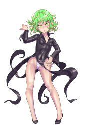  black_dress blush breasts commentary_request dress female full_body green_eyes green_hair highleg highleg_panties highres looking_at_viewer mersoleil03 one-punch_man open_mouth panties pantyshot short_hair small_breasts solo tatsumaki underwear white_panties 