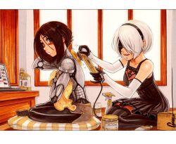  2b_(nier:automata) 2girls alita battle_angel_alita black_dress black_hairband black_thighhighs blindfold bottle breasts brown_eyes brown_hair casual commentary covered_eyes crossover cyberpunk cyborg dress elbow_gloves english_commentary facing_another from_side front-to-back full_body gloves grin hairband holding_own_hair indian_style indoors joints letterboxed marker_(medium) mole mole_under_mouth multiple_girls nier:automata nier_(series) omar_dogan parted_lips pillow polishing power_tool robot_joints scan science_fiction seiza short_hair shorts signature sitting sitting_on_pillow smile spray_bottle thighhighs topless_female traditional_media wariza white_hair 