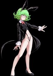  animal_ears black_dress blush bow bowtie breasts commentary_request dress female green_eyes green_hair highleg highres looking_at_viewer mersoleil03 navel nontraditional_playboy_bunny one-punch_man rabbit_ears revealing_clothes short_hair small_breasts solo tatsumaki 