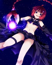  ahoge belt black_belt black_cape black_jacket black_shorts blue_eyes braid breasts cape clothing_cutout cropped_jacket detached_sleeves electricity female from_below hair_ornament highres jacket kurosaki_mea long_braid long_hair looking_at_viewer looking_down medium_breasts midriff navel night open_mouth prehensile_hair red_hair short_shorts shorts single_braid smile solo star_cutout thigh_strap to_love-ru to_love-ru_darkness tondabayashi_koori underboob upshorts waist_cape 