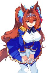  absurdres aiguillette animal_ears archives.gokulism blue_bow blue_jacket blue_skirt blush bow breasts brown_hair center_frills commentary_request daiwa_scarlet_(peak_blue)_(umamusume) daiwa_scarlet_(umamusume) epaulettes female frills hair_intakes happy_birthday highres horse_ears horse_girl horse_tail jacket juliet_sleeves large_breasts layered_skirt long_hair long_sleeves looking_at_viewer oerba_yun_fang open_mouth puffy_sleeves red_eyes shirt skirt solo sweat tail thighhighs tiara twintails umamusume very_long_hair white_shirt white_skirt white_thighhighs 