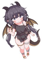  absurdres ahoge bandage_on_leg bandaged_leg bandaged_tail bandages barefoot black_eyes black_hair black_tunic closed_mouth collarbone commentary_request dragon_ears dragon_horns dragon_tail dragon_wings dutch_angle female from_above full_body hair_tubes highres horns kidian_(trickcal) long_hair looking_at_viewer low_twintails monerua off_shoulder pointy_ears simple_background skindentation smile solo standing tail thighs trickcal tunic twintails white_background wings 