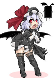 2b_(nier:automata) 2b_(nier:automata)_(cosplay) blush boots commentary_request cosplay female flat_chest full_body hat high_heel_boots high_heels leotard leotard_under_clothes looking_at_viewer mersoleil03 nier:automata nier_(series) oerba_yun_fang open_mouth pod_(nier:automata) red_eyes remilia_scarlet short_hair solo thigh_boots touhou white_hair white_leotard wings 