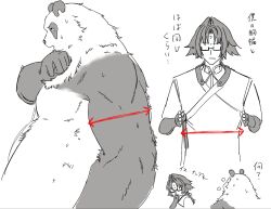  2boys animal_ears bara belly biceps closed_mouth commentary_request fat furry furry_male greyscale highres looking_at_another looking_to_the_side male_focus monochrome multiple_boys muscular muscular_male nrbdkdcp open_mouth pan_yinhu panda_boy panda_ears pectorals plump sweat translation_request white_background wiping_mouth ye_shiyuan zenless_zone_zero 