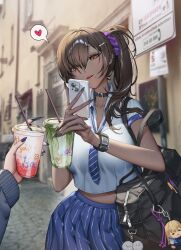  2girls bag black_choker black_hair black_nails blue_eyes blue_nails blue_necktie blush breasts brown_eyes cellphone character_charm character_name charm_(object) choker commentary cup dark-skinned_female dark_skin diagonal-striped_clothes diagonal-striped_neckerchief drinking_straw ear_piercing english_commentary eyes_visible_through_hair female_pov fingernails gnxxe1 goddess_of_victory:_nikke hair_ornament hair_over_one_eye hairclip head_tilt heart highres holding holding_cup holding_phone large_breasts long_fingernails long_hair long_sleeves looking_at_phone looking_at_viewer loose_necktie midriff_peek mole mole_under_mouth multiple_girls naga_(nikke) neckerchief necktie one_eye_covered outdoors parted_lips phone piercing pov pov_hands road_sign school_bag sharp_fingernails shirt short_sleeves side_ponytail sign skirt smartphone solo speech_bubble spoken_heart standing striped_clothes striped_neckerchief striped_skirt tia_(nikke) white_shirt 