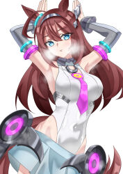  ahoge animal_ears armpits arms_up bare_shoulders blue_eyes blush breasts brown_hair closed_mouth covered_navel detached_sleeves female grey_hairband grey_leotard grey_skirt grey_sleeves hair_between_eyes hairband highleg highleg_leotard highres horse_ears horse_girl horse_tail jimi_paradise large_breasts leotard long_hair looking_at_viewer lowleg lowleg_skirt mihono_bourbon_(mb-19890425)_(umamusume) mihono_bourbon_(umamusume) necktie pink_necktie silver_hairband simple_background skirt solo steaming_body sweat tail umamusume white_background white_leotard 