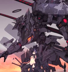  armor bikini black_armor black_bikini black_thighhighs blunt_ends bob_cut breasts cleavage closed_mouth clothing_cutout commentary english_commentary female from_side glowing glowing_eyes green_eyes grey_armor grey_background halo highres horns huge_weapon inverted_bob light_smile looking_at_viewer mecha mecha_focus mecha_musume mechanical_halo medium_breasts micro_bikini original pauldrons purple_hair robot science_fiction short_hair shoulder_armor swimsuit sword syaha thigh_cutout thighhighs underboob upper_body weapon weapon_on_back 